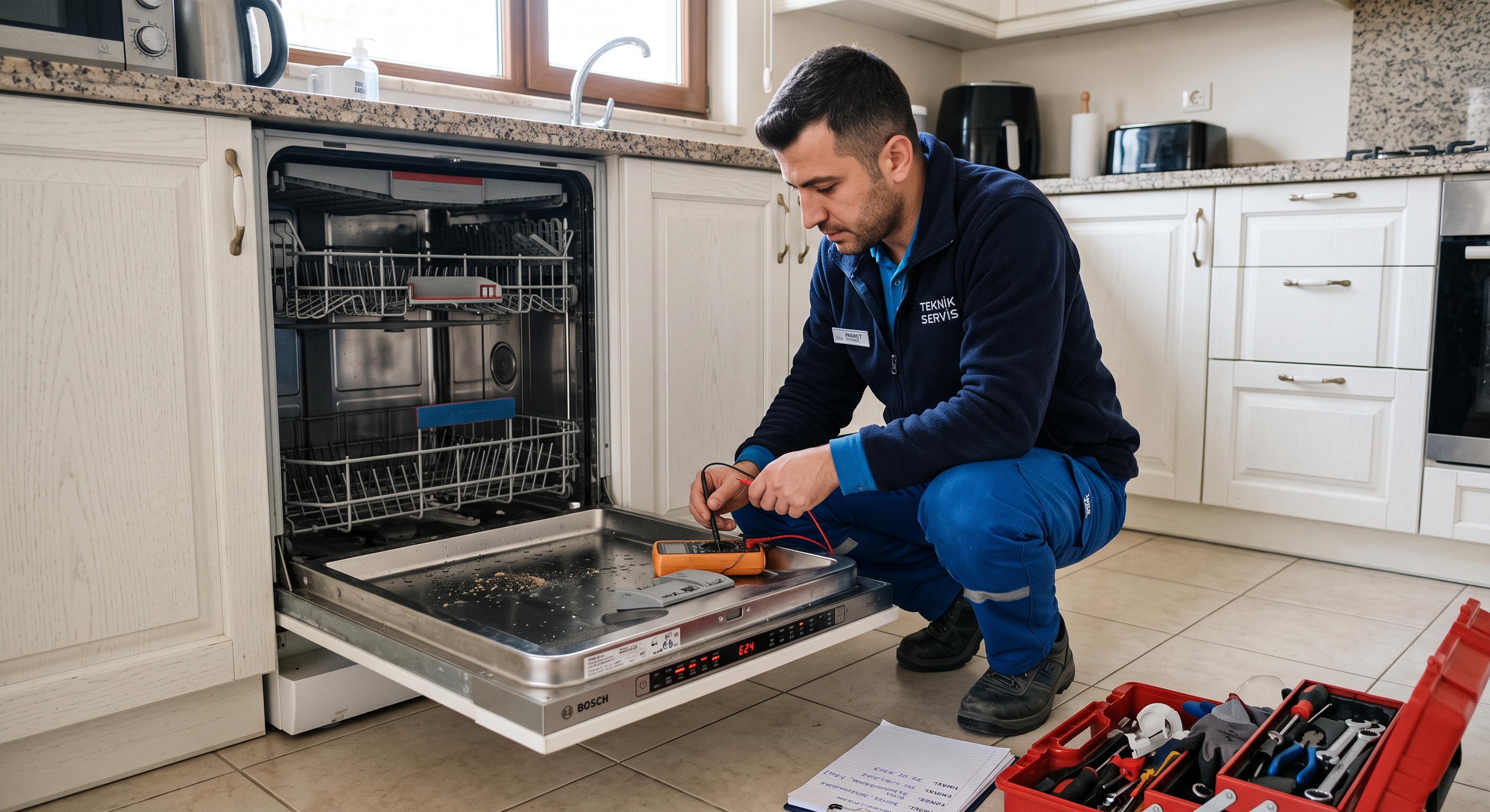 Bulaşık makinesini kontrol eden teknisyen