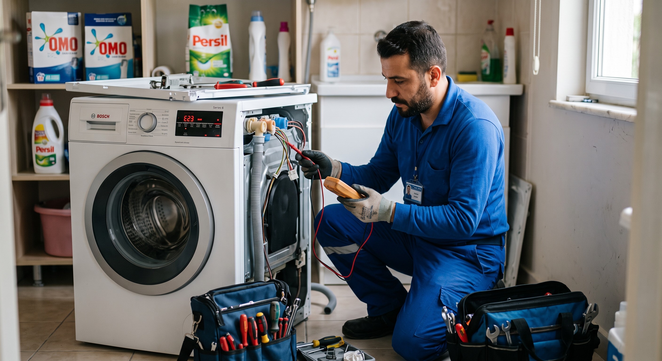 Çamaşır makinesi üzerinde çalışan teknisyen